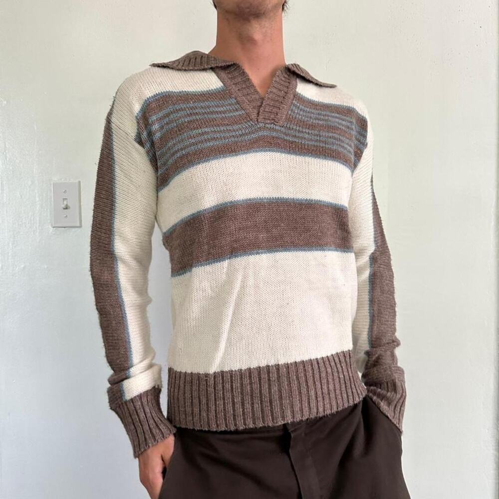 Vintage 70s Striped Collar Rugby Preppy Knit Sweater Longsleeve Pullover - Picture 2 of 7